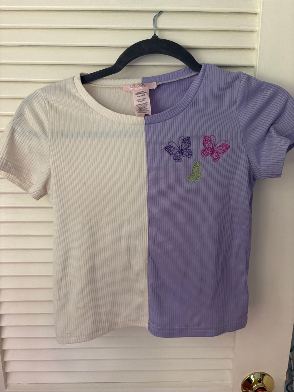 Girls Lavender & Cream Split Ribbed Short Sleeve Top with Butterfly Embroidery